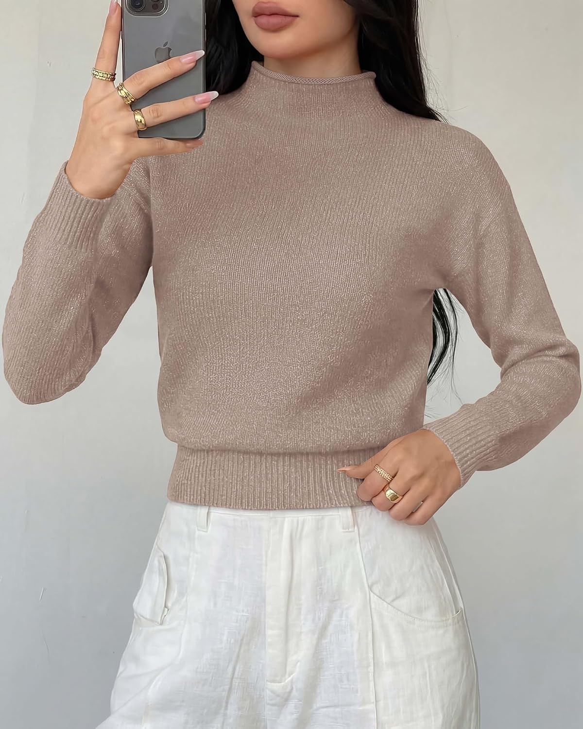 image:imageBTFBM Womens Long Sleeve Sweaters Mock Neck TopsCamel