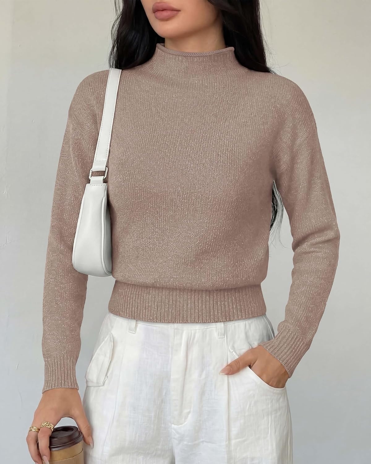 image:imageBTFBM Womens Long Sleeve Sweaters Mock Neck TopsCamel