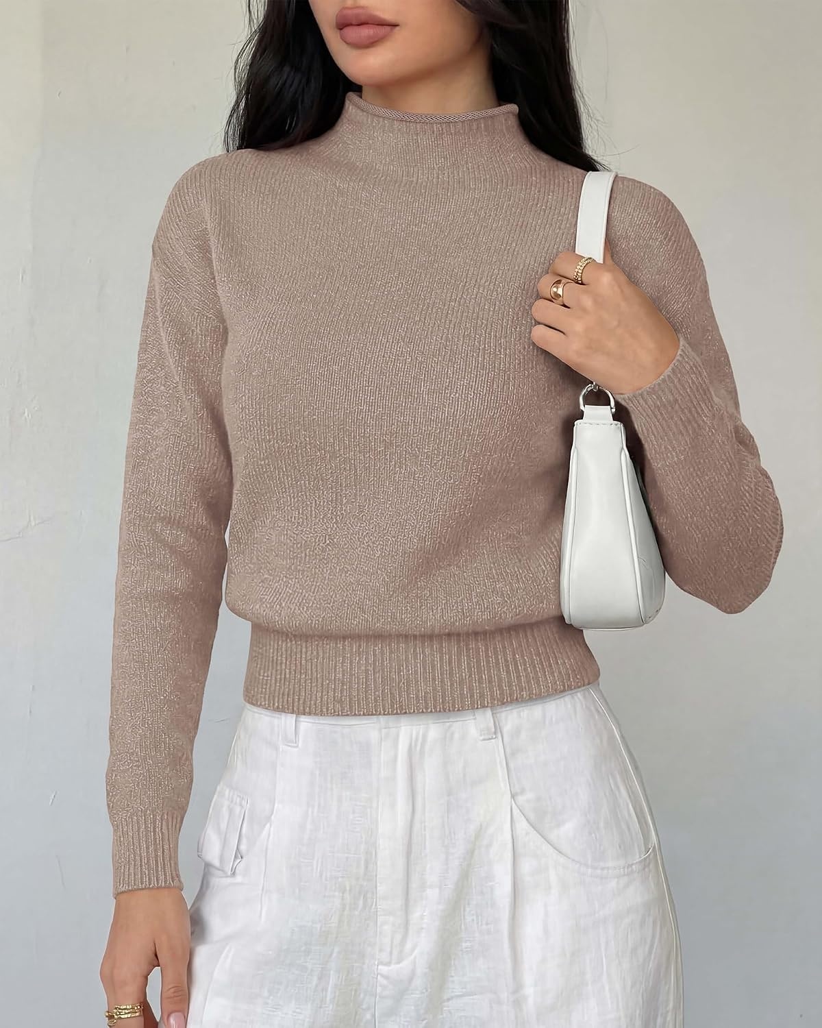 image:imageBTFBM Womens Long Sleeve Sweaters Mock Neck TopsCamel