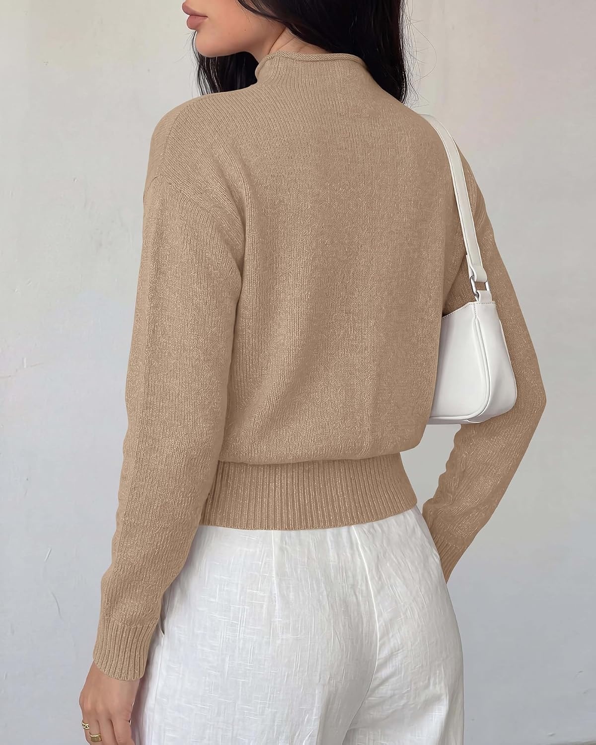 image:imageBTFBM Womens Long Sleeve Sweaters Mock Neck TopsKhaki