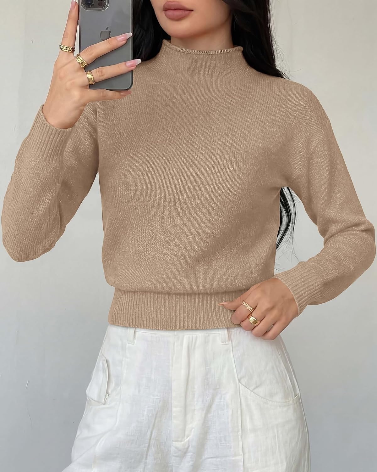 image:imageBTFBM Womens Long Sleeve Sweaters Mock Neck TopsKhaki