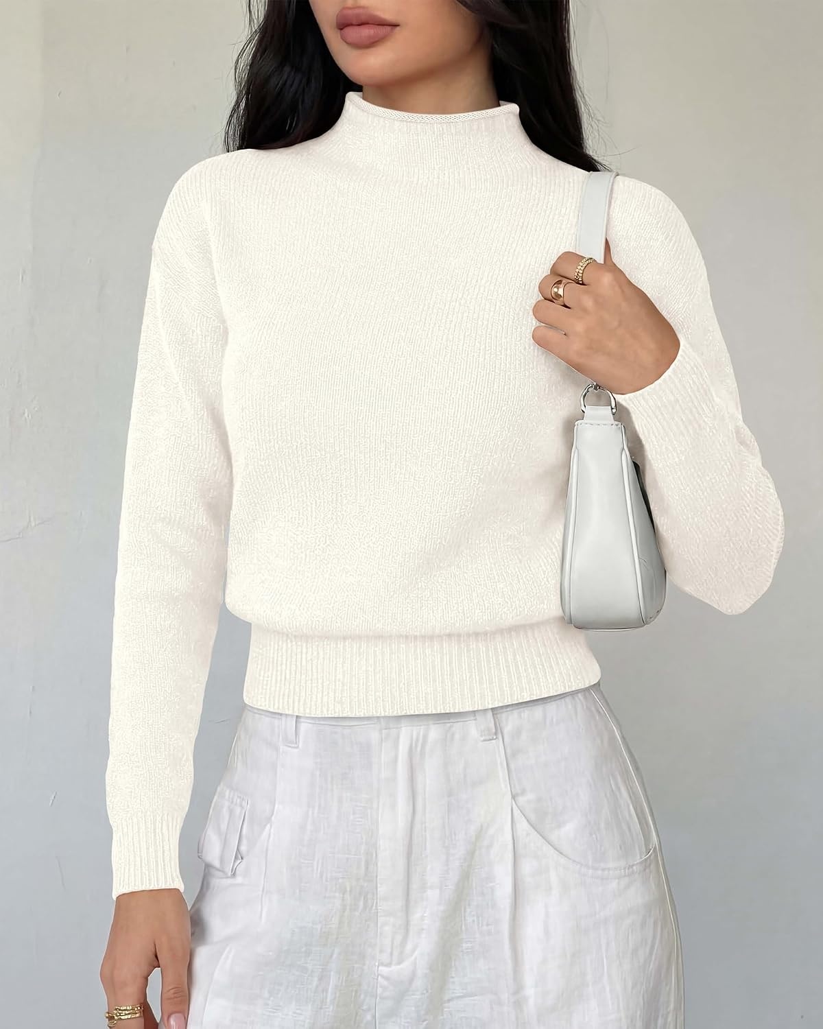 image:imageBTFBM Womens Long Sleeve Sweaters Mock Neck TopsWhite