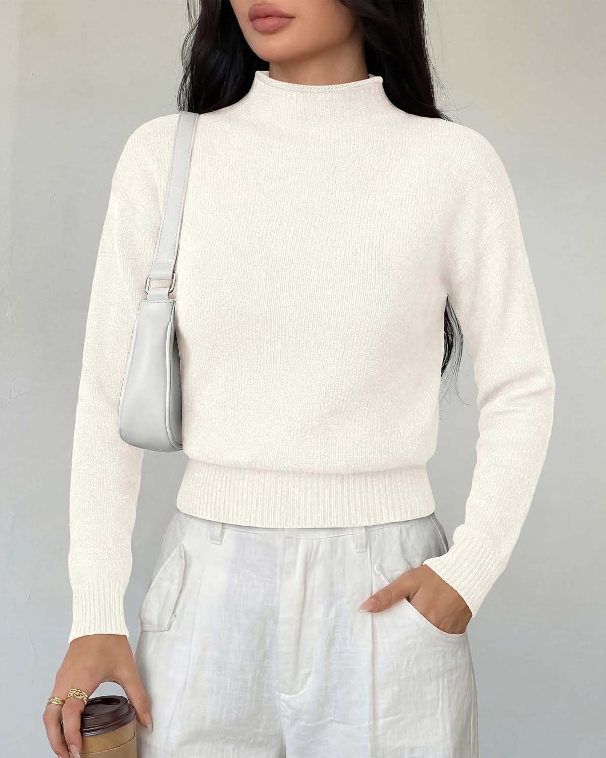 image:imageBTFBM Womens Long Sleeve Sweaters Mock Neck TopsWhite