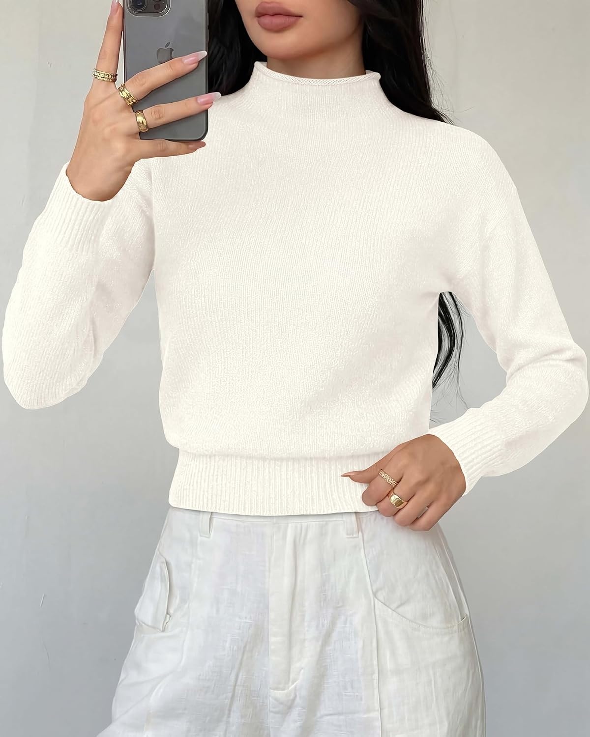 image:imageBTFBM Womens Long Sleeve Sweaters Mock Neck TopsWhite