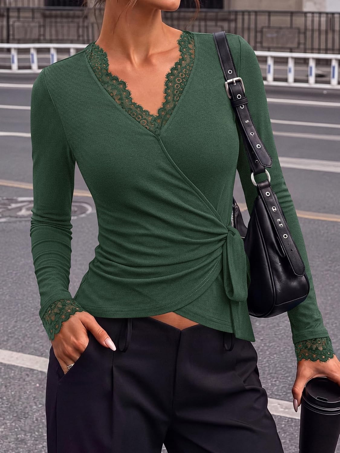 image:imageBTFBM Womens Sexy Wrap Top Lace Long Sleeve TopsArmy Green