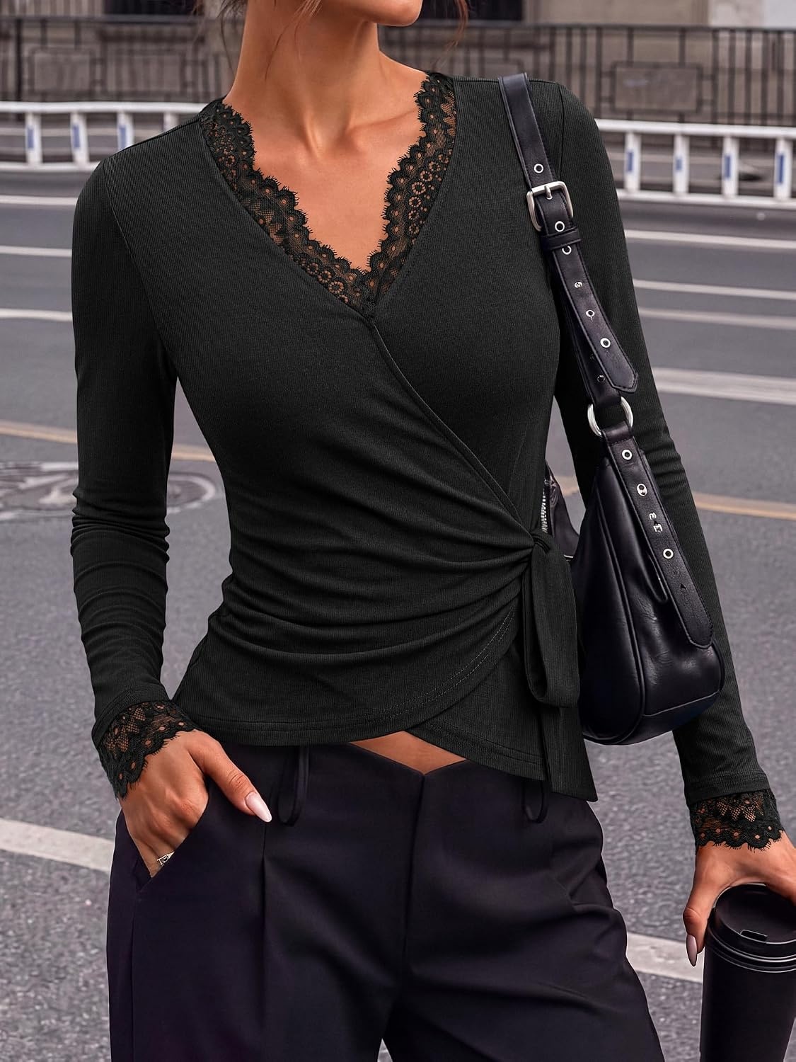image:imageBTFBM Womens Sexy Wrap Top Lace Long Sleeve TopsBlack