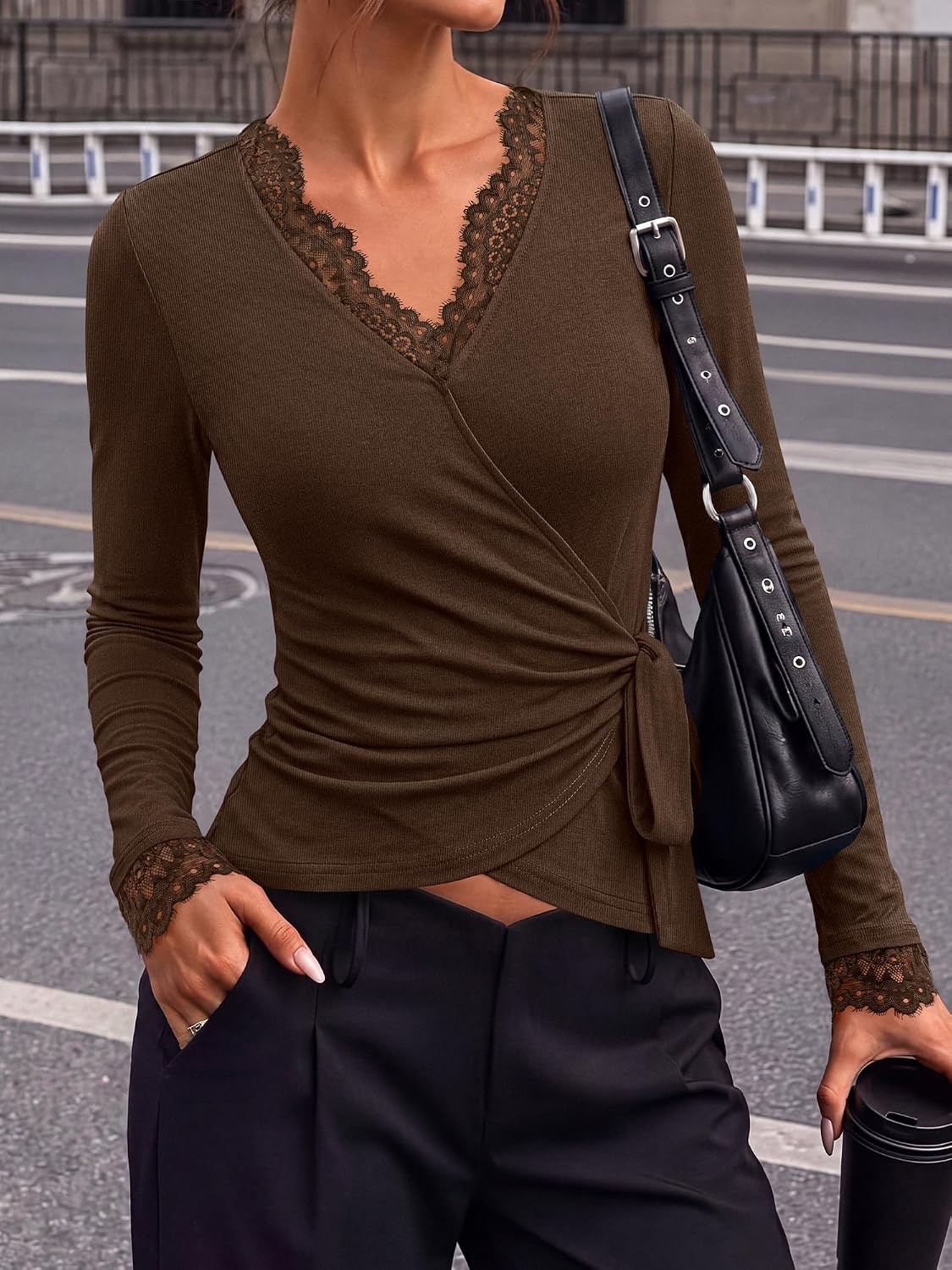 image:imageBTFBM Womens Sexy Wrap Top Lace Long Sleeve TopsCoffee