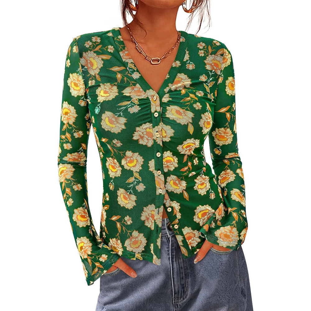 image:imageBTFBM Button Down Shirts for Women Fall Outfits 2026 Mesh Floral Boho TopsArmy Green