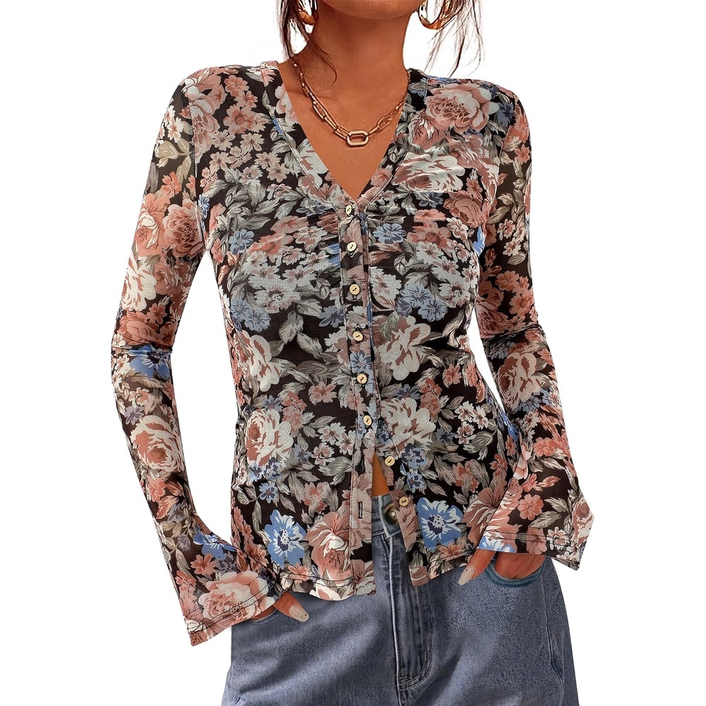 image:imageBTFBM Button Down Shirts for Women Fall Outfits 2026 Mesh Floral Boho TopsFloral Black Orange