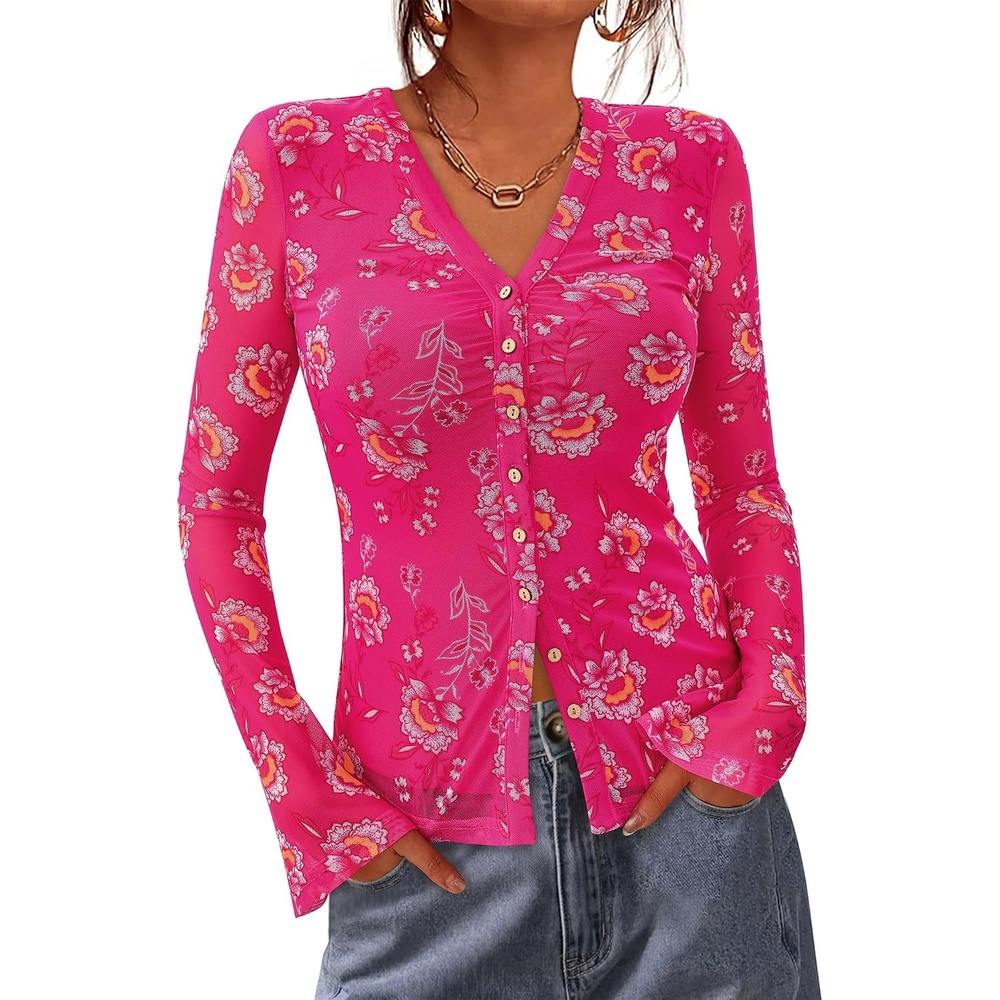 image:imageBTFBM Button Down Shirts for Women Fall Outfits 2026 Mesh Floral Boho TopsHot Pink