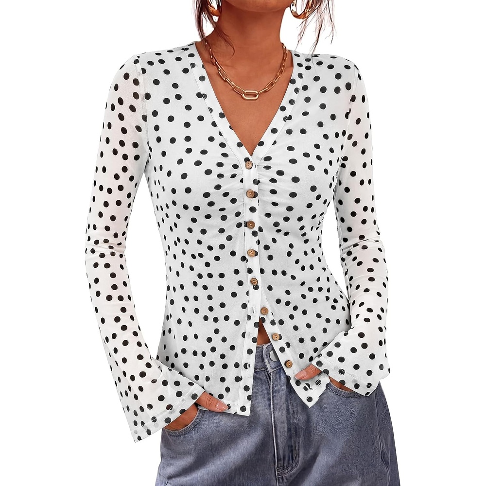 image:imageBTFBM Button Down Shirts for Women Fall Outfits 2026 Mesh Floral Boho TopsPolka Dot White Black