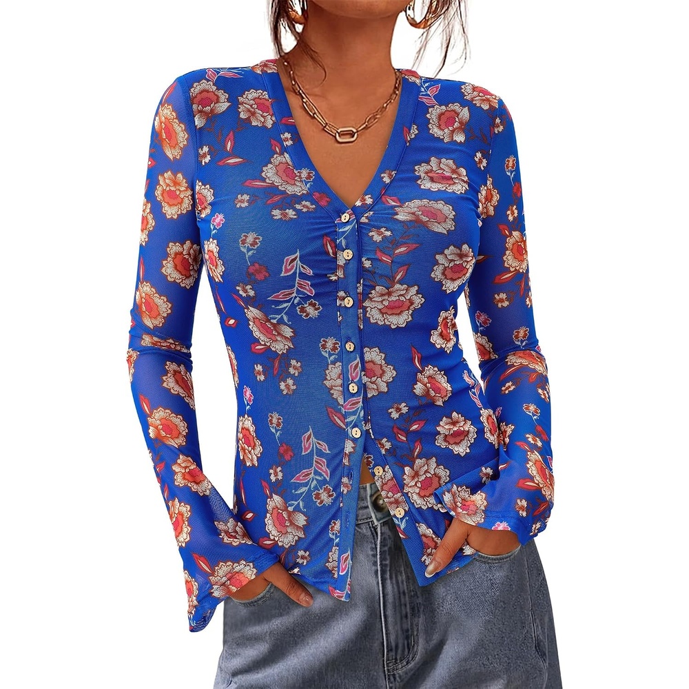 image:imageBTFBM Button Down Shirts for Women Fall Outfits 2026 Mesh Floral Boho TopsRoyal Blue
