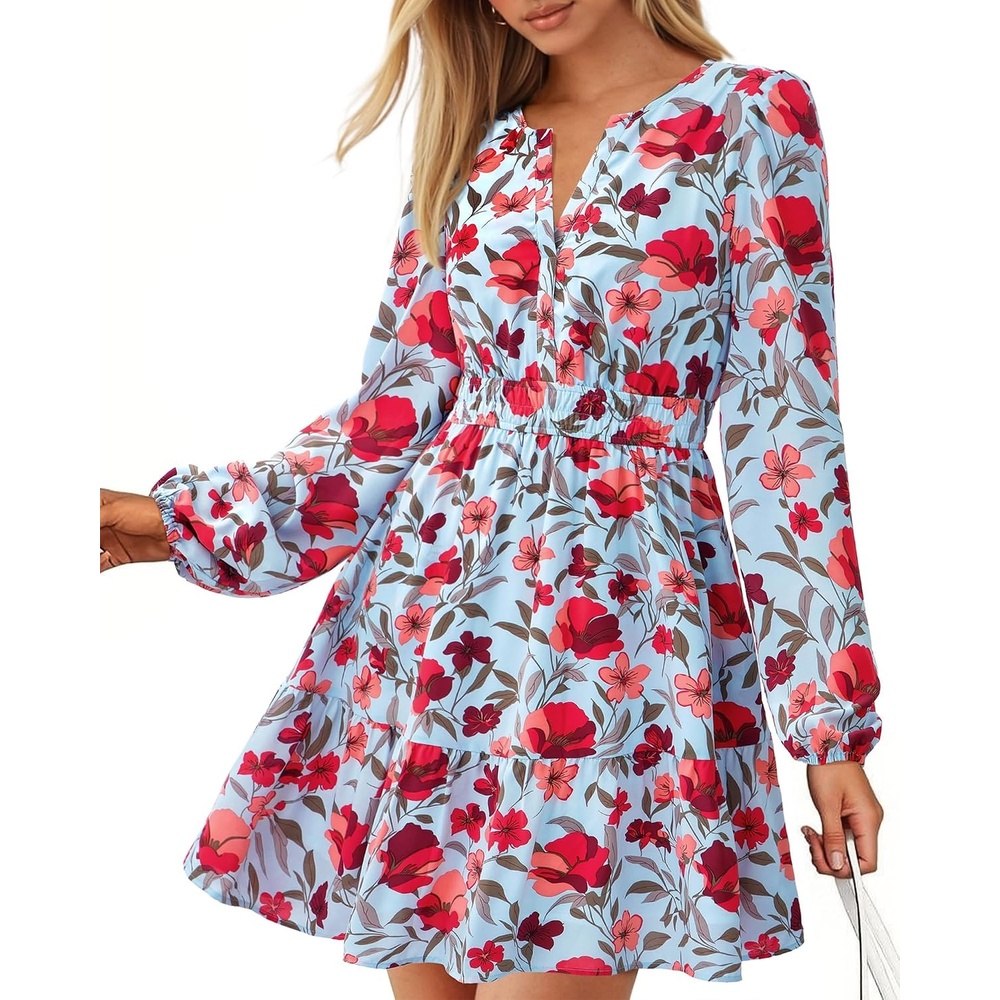 image:imageBTFBM Fall Dresses for Women 2026 Trendy Floral Long Sleeve Mini DressBlue Red Flower