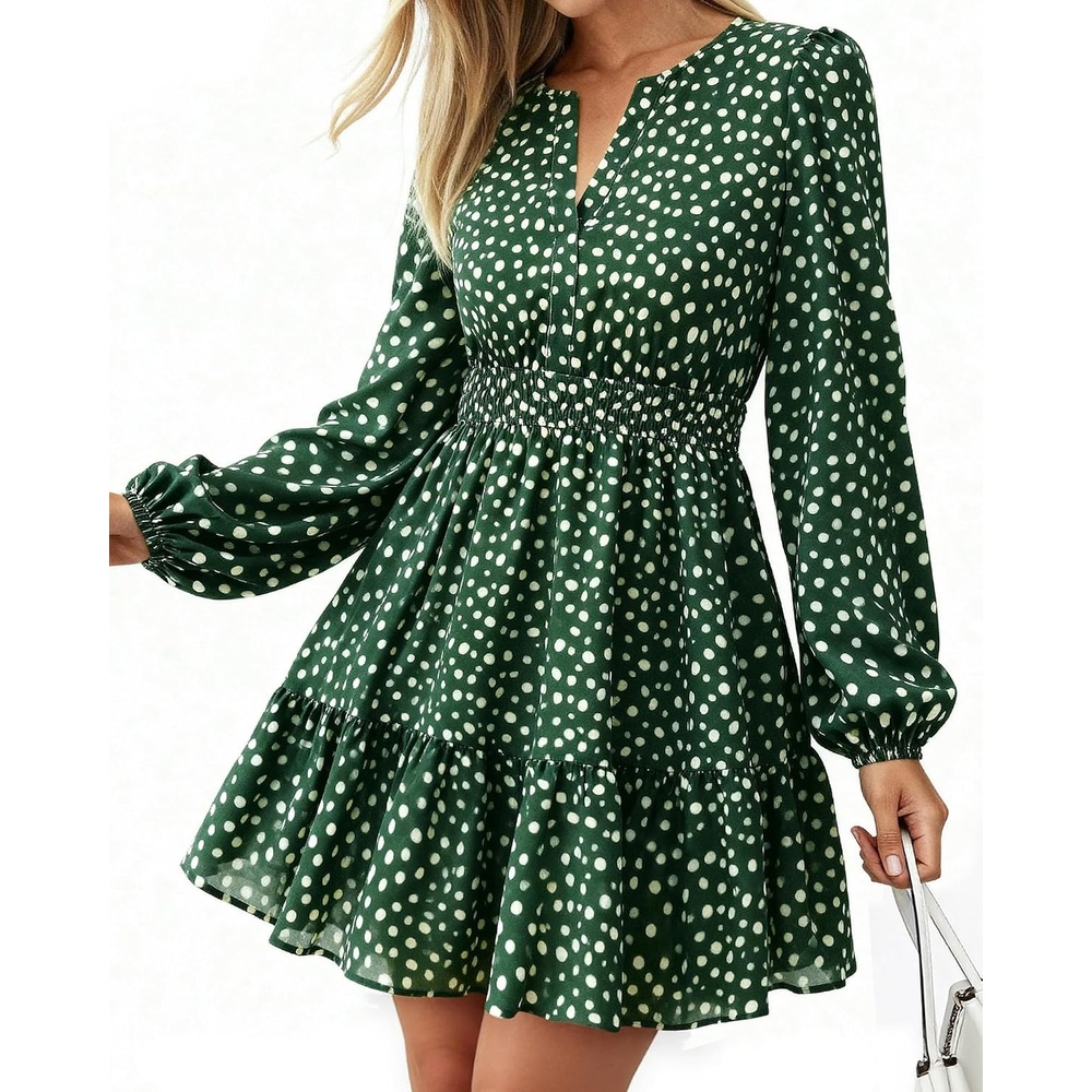 image:imageBTFBM Fall Dresses for Women 2026 Trendy Floral Long Sleeve Mini DressDot Green White