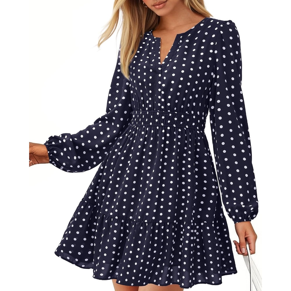 image:imageBTFBM Fall Dresses for Women 2026 Trendy Floral Long Sleeve Mini DressDot Navy White