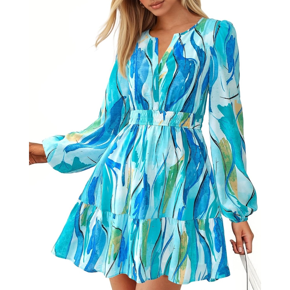 image:imageBTFBM Fall Dresses for Women 2026 Trendy Floral Long Sleeve Mini DressFloral Blue Green