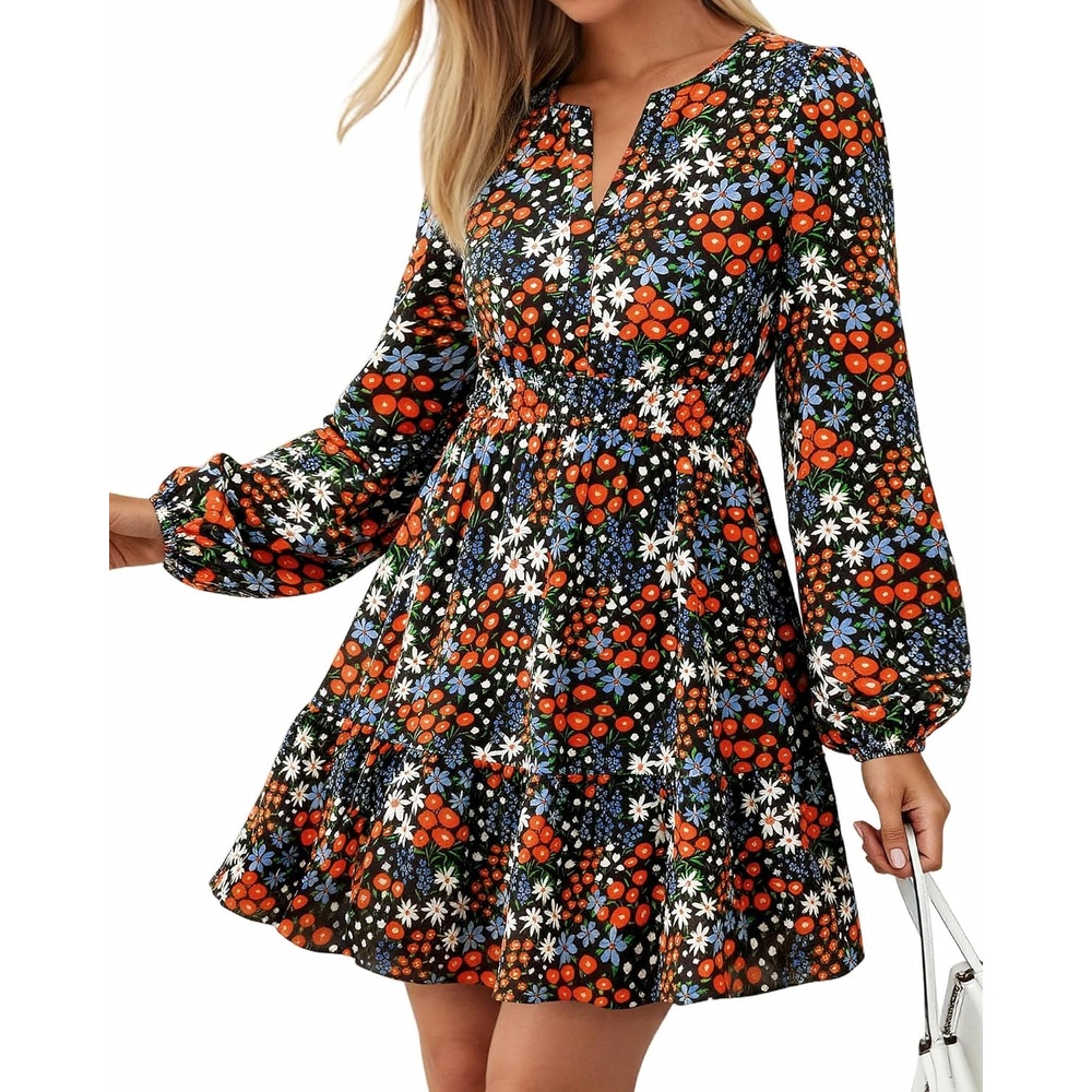 image:imageBTFBM Fall Dresses for Women 2026 Trendy Floral Long Sleeve Mini DressMulti Black