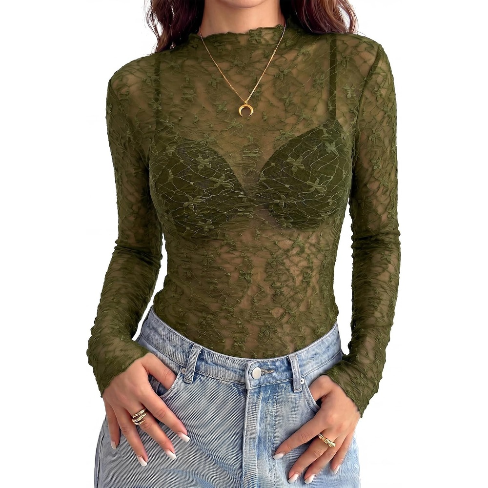 image:imageBTFBM Mesh Lace Long Sleeve Tops for Women 2026 Fall Shirts Sexy Sheer TopsArmy Green