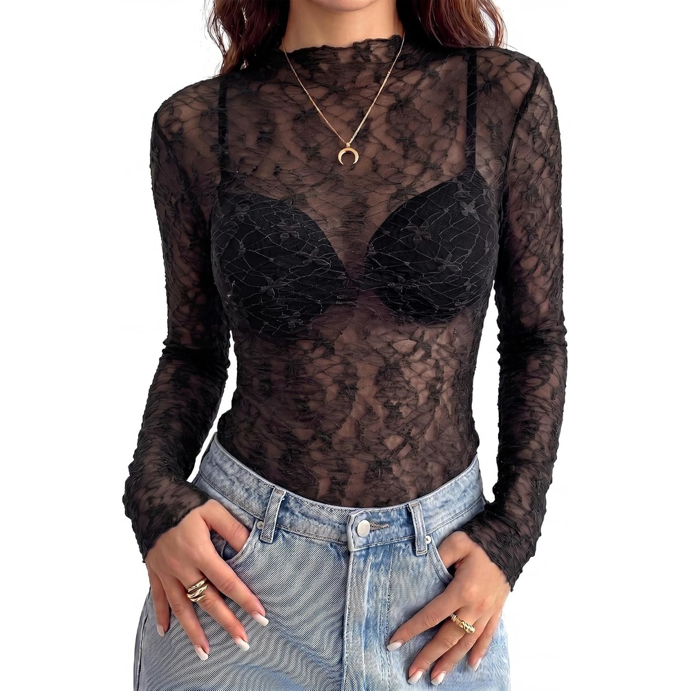 image:imageBTFBM Mesh Lace Long Sleeve Tops for Women 2026 Fall Shirts Sexy Sheer TopsBlack