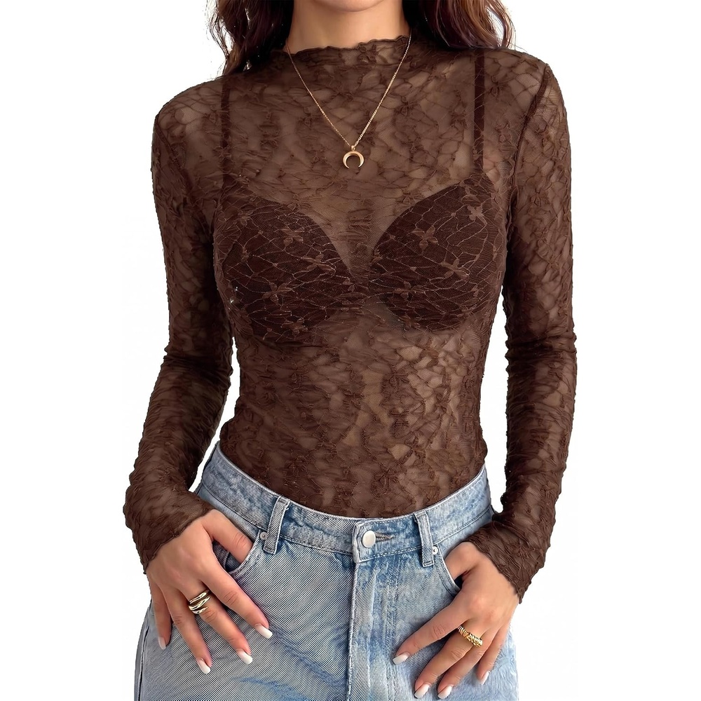 image:imageBTFBM Mesh Lace Long Sleeve Tops for Women 2026 Fall Shirts Sexy Sheer TopsBrown