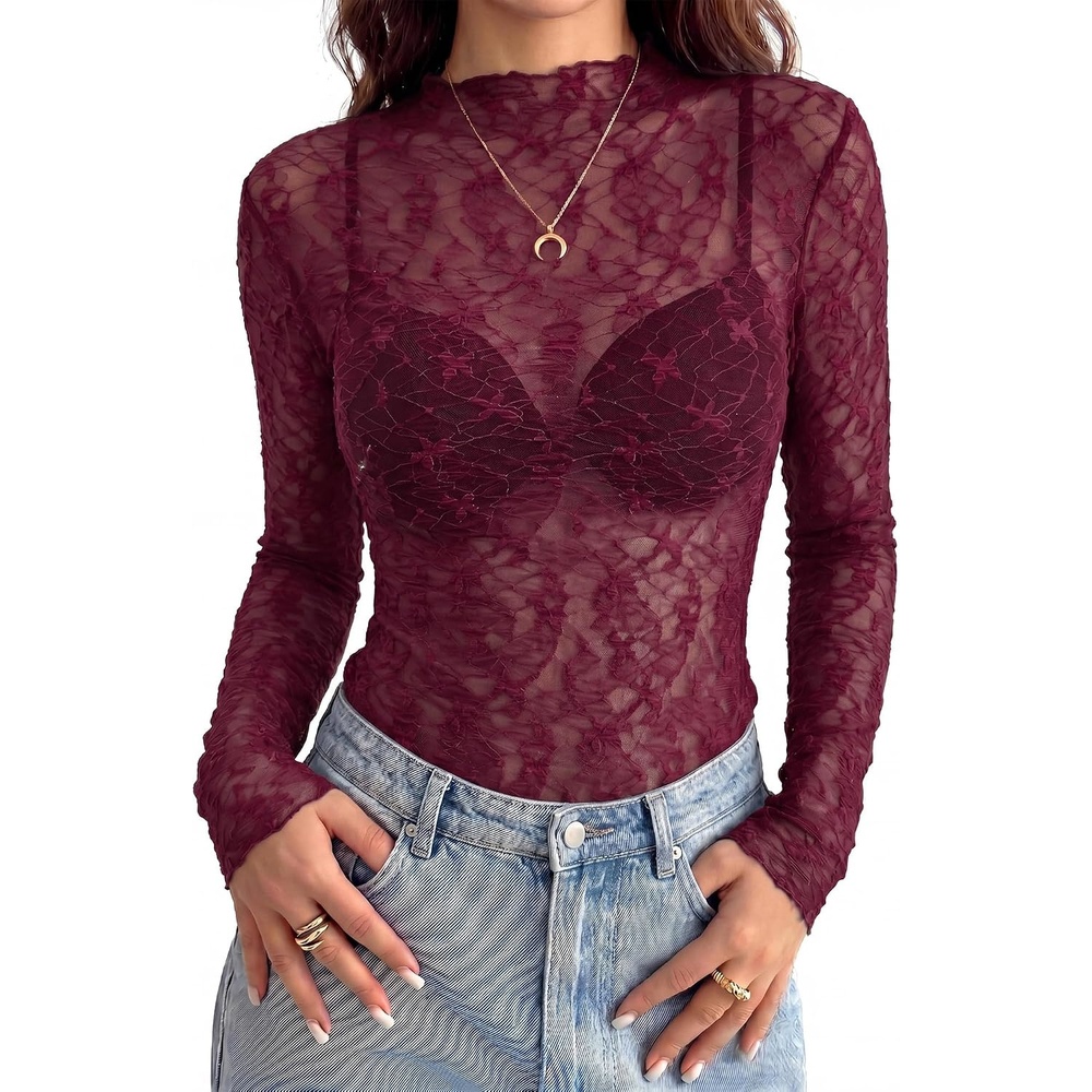 image:imageBTFBM Mesh Lace Long Sleeve Tops for Women 2026 Fall Shirts Sexy Sheer TopsBurgundy
