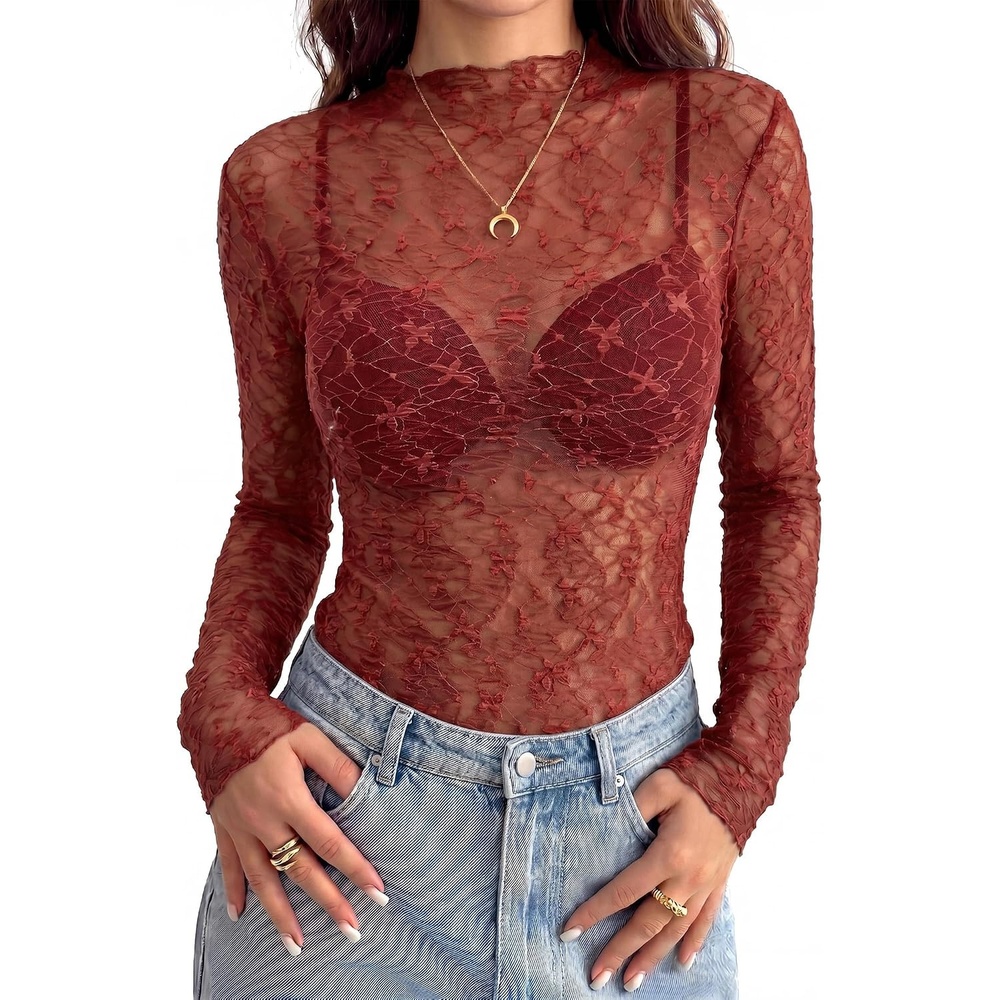 image:imageBTFBM Mesh Lace Long Sleeve Tops for Women 2026 Fall Shirts Sexy Sheer TopsBurnt Orange