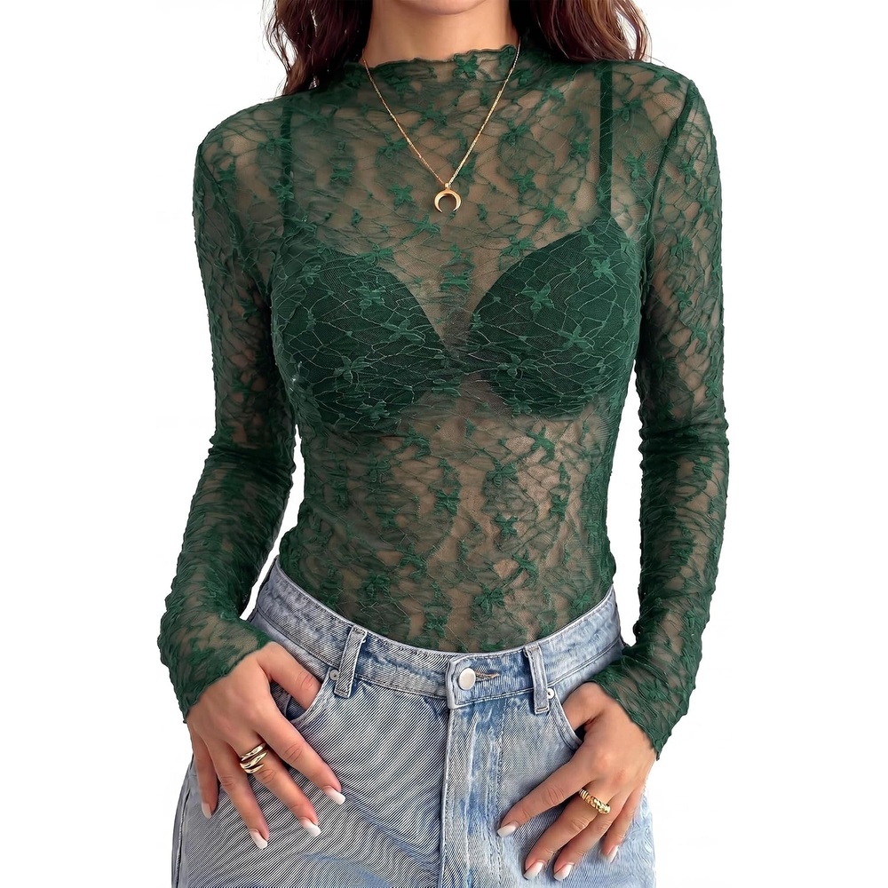 image:imageBTFBM Mesh Lace Long Sleeve Tops for Women 2026 Fall Shirts Sexy Sheer TopsDark Green