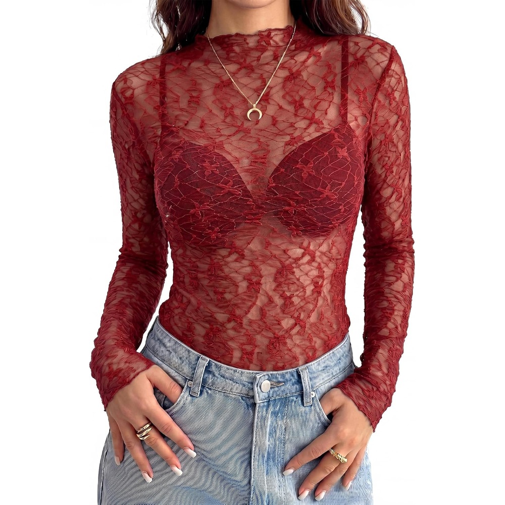 image:imageBTFBM Mesh Lace Long Sleeve Tops for Women 2026 Fall Shirts Sexy Sheer TopsRed