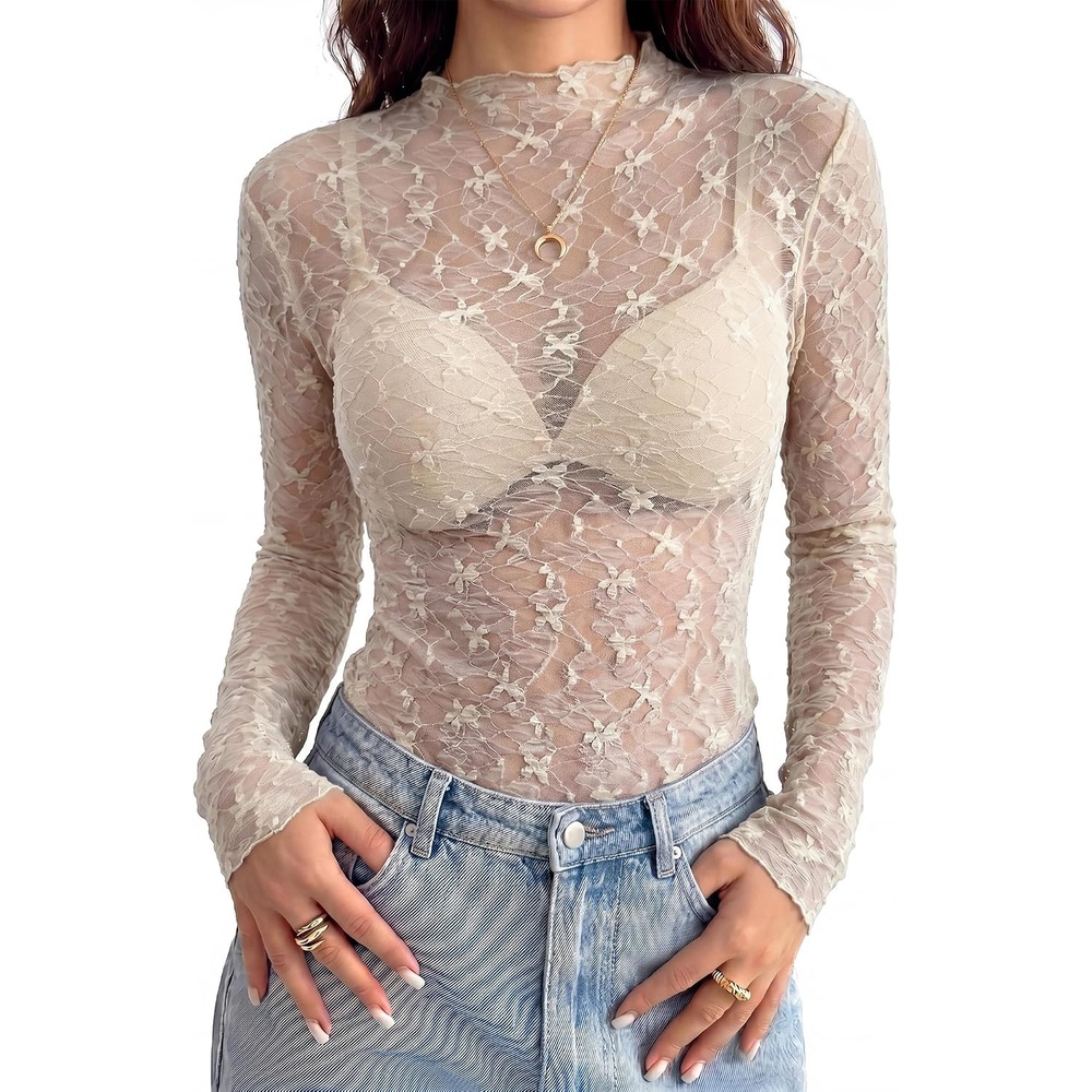 image:imageBTFBM Mesh Lace Long Sleeve Tops for Women 2026 Fall Shirts Sexy Sheer TopsWhite