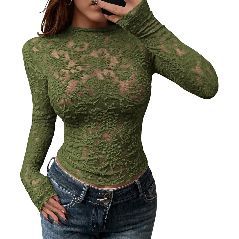 image:imageBTFBM Mesh Long Sleeve Tops for Women Sexy Lace SheerArmy Green