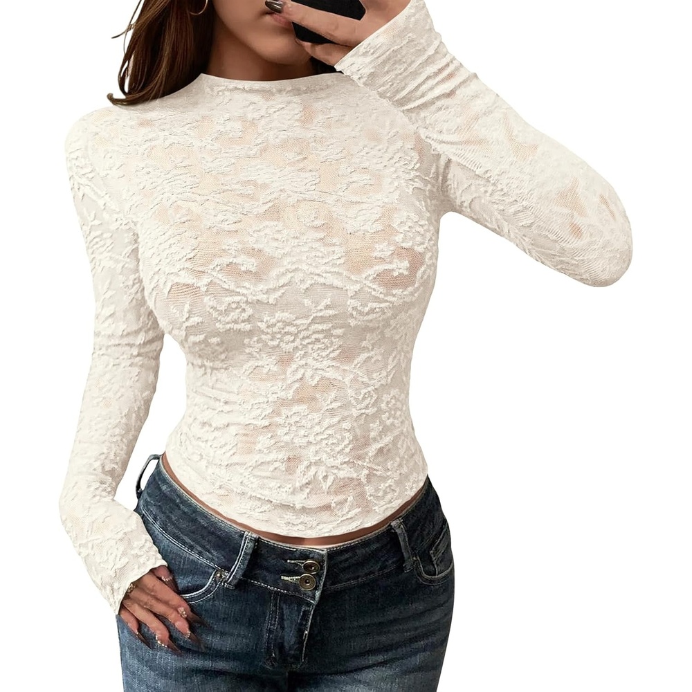 image:imageBTFBM Mesh Long Sleeve Tops for Women Sexy Lace SheerBeige