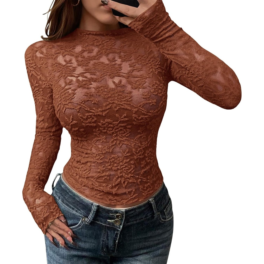 image:imageBTFBM Mesh Long Sleeve Tops for Women Sexy Lace SheerCaramel