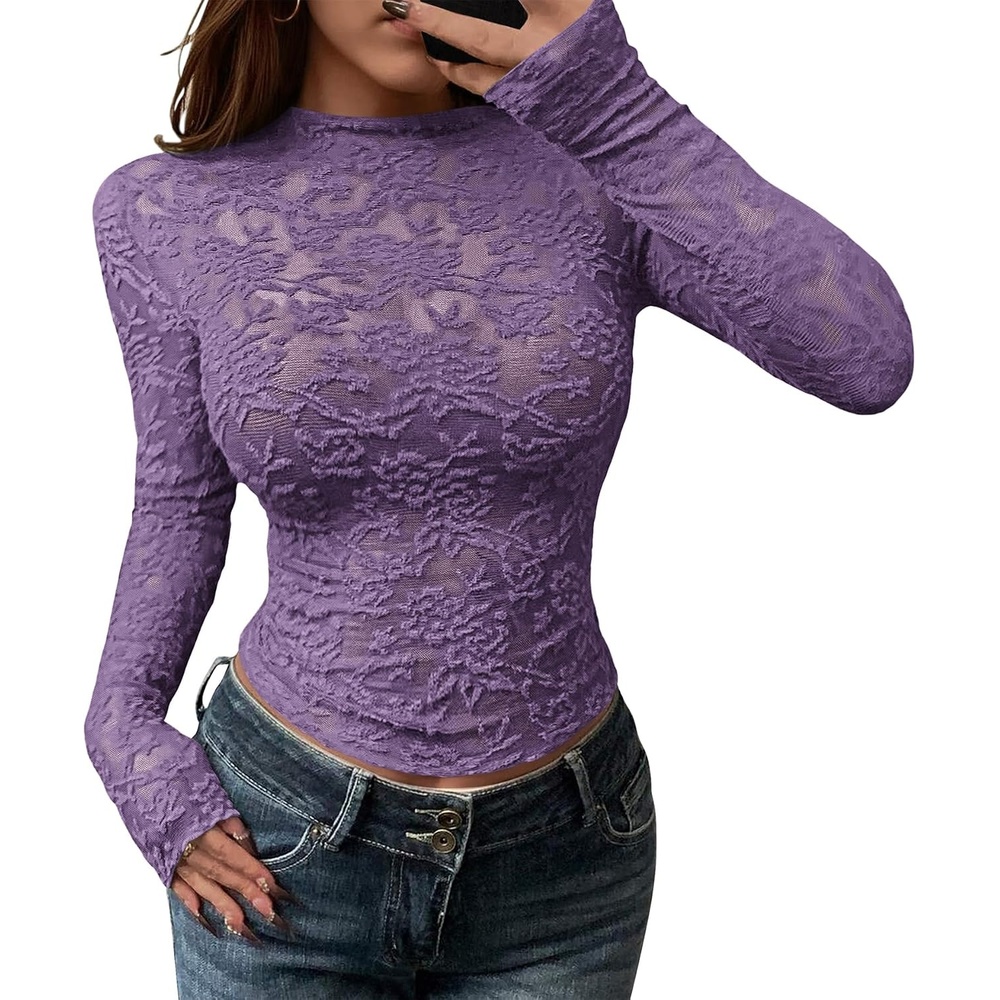 image:imageBTFBM Mesh Long Sleeve Tops for Women Sexy Lace SheerDusty Violet