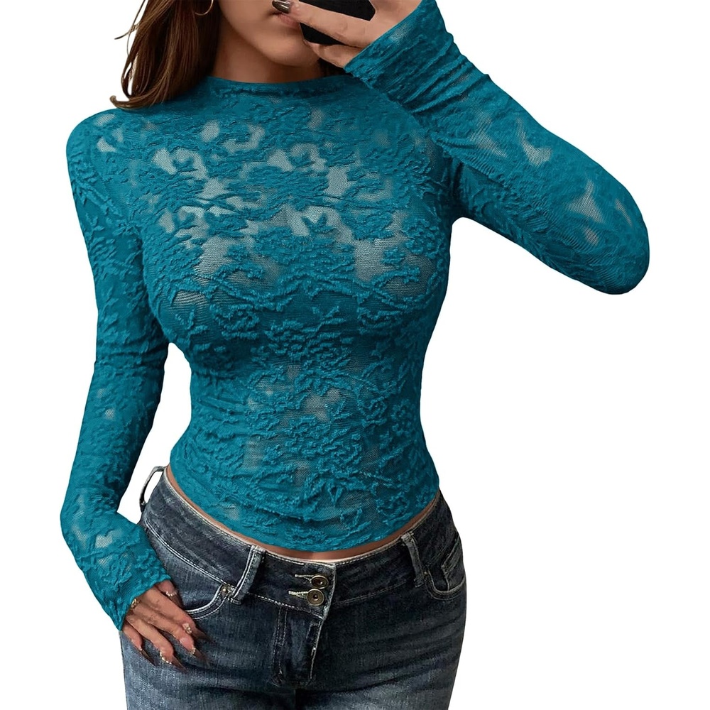 image:imageBTFBM Mesh Long Sleeve Tops for Women Sexy Lace SheerLake Blue