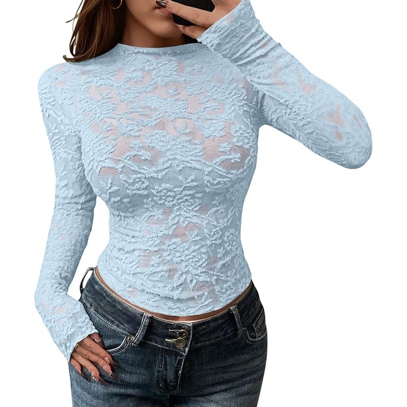image:imageBTFBM Mesh Long Sleeve Tops for Women Sexy Lace SheerLight Blue