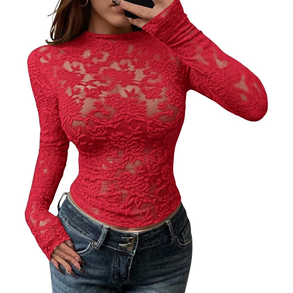 image:imageBTFBM Mesh Long Sleeve Tops for Women Sexy Lace SheerRed