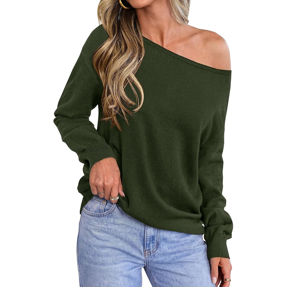 image:imageBTFBM Off The Shoulder Sweater Lightweight Going Out TopArmy Green