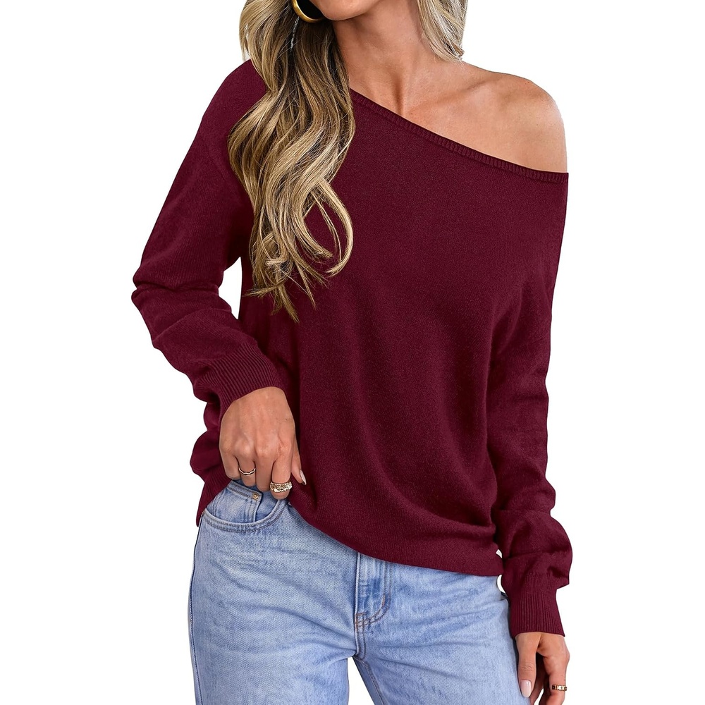 image:imageBTFBM Off The Shoulder Sweater Lightweight Going Out TopBurgundy
