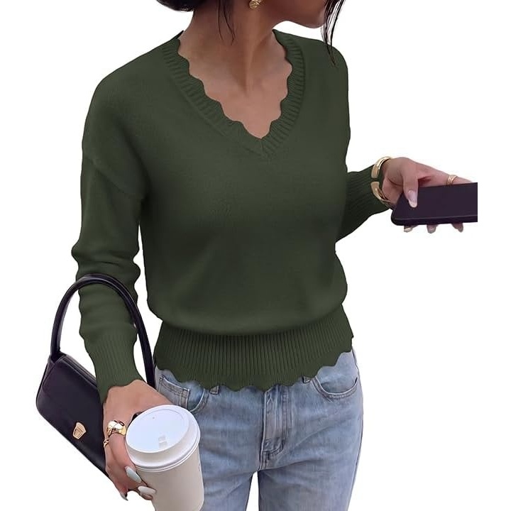 image:imageBTFBM Womens Fall Long Sleeve V Neck Sweaters Lightweight Ribbed Knit TopsArmy Green