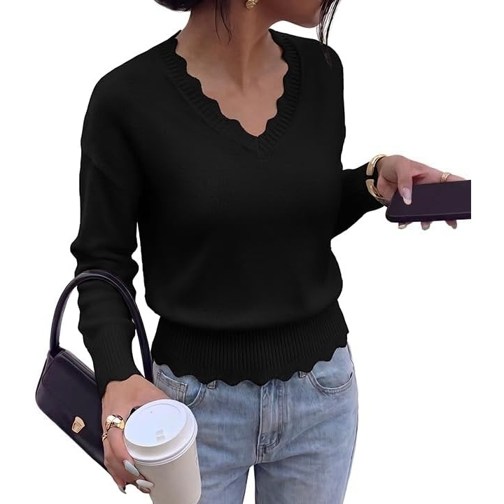 image:imageBTFBM Womens Fall Long Sleeve V Neck Sweaters Lightweight Ribbed Knit TopsBlack