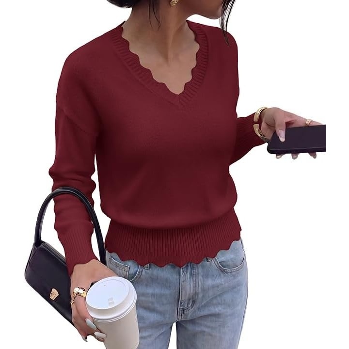 image:imageBTFBM Womens Fall Long Sleeve V Neck Sweaters Lightweight Ribbed Knit TopsBurgundy