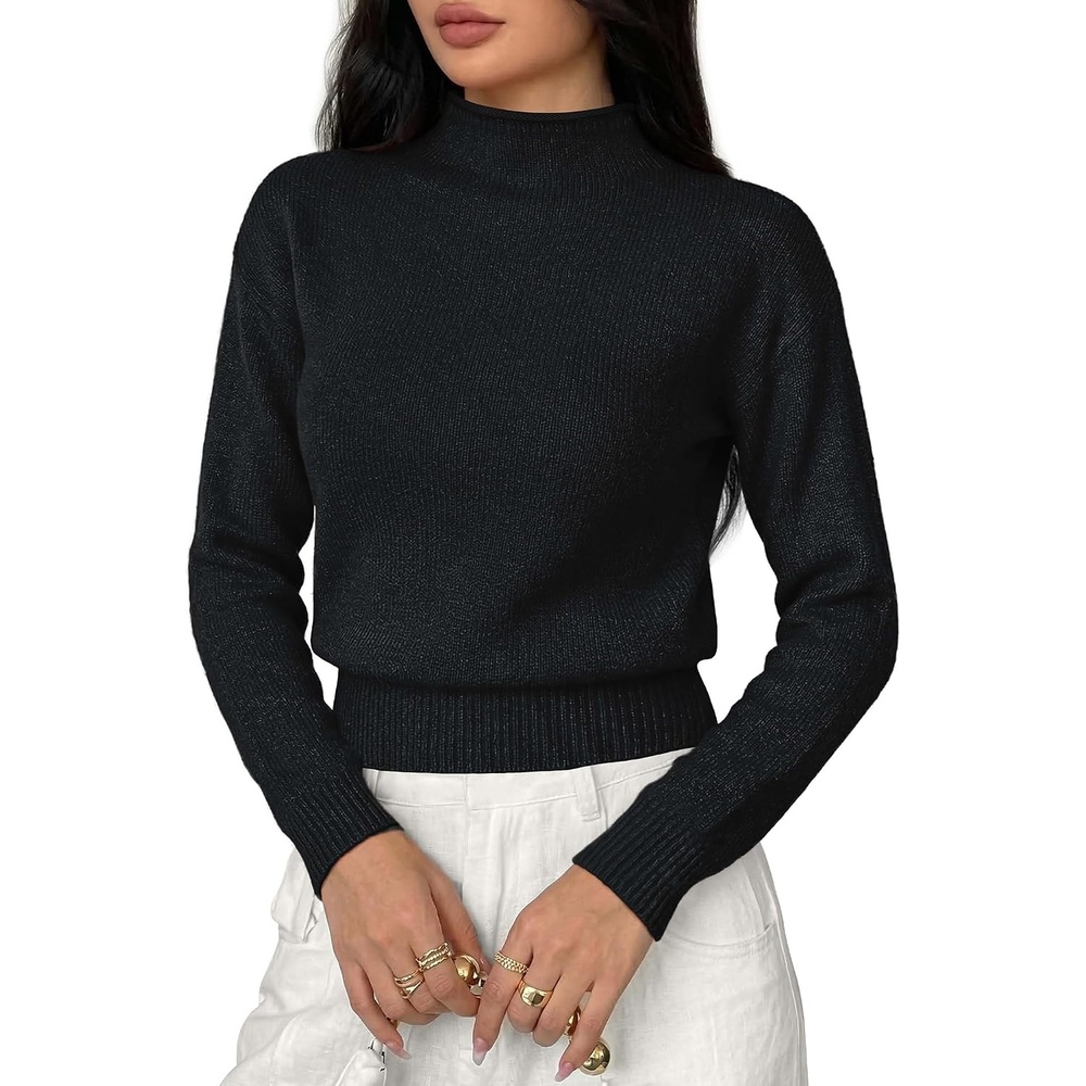 image:imageBTFBM Womens Long Sleeve Sweaters Mock Neck TopsBlack