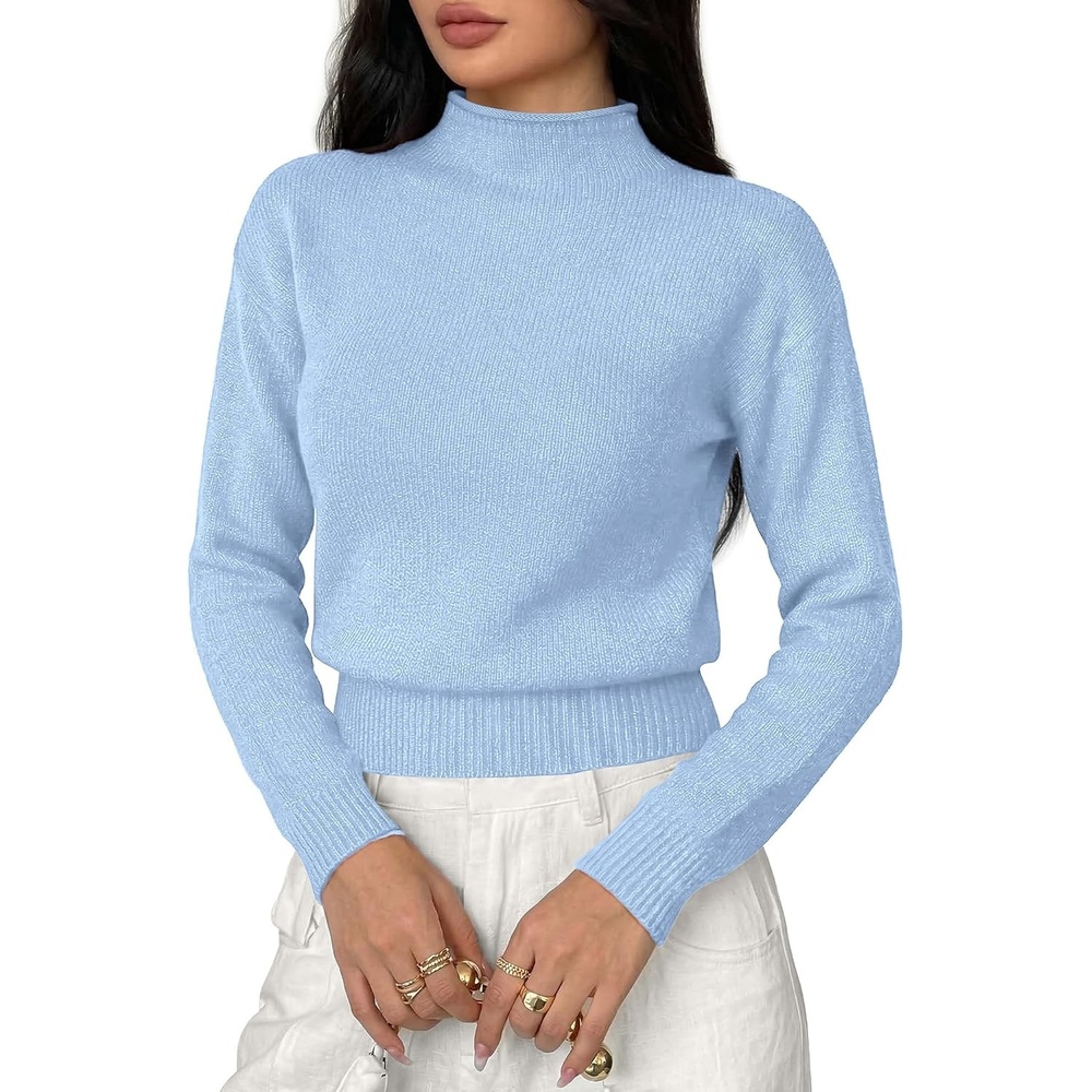 image:imageBTFBM Womens Long Sleeve Sweaters Mock Neck TopsBlue