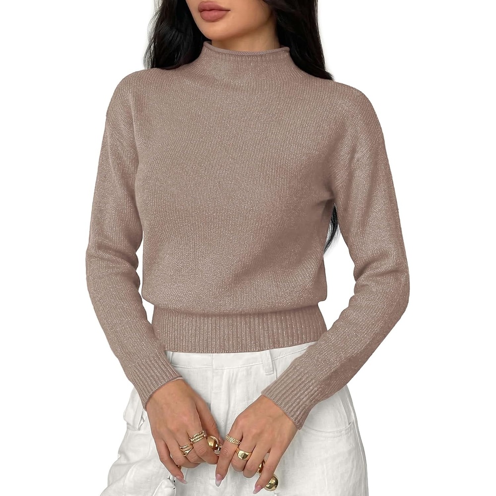 image:imageBTFBM Womens Long Sleeve Sweaters Mock Neck TopsCamel