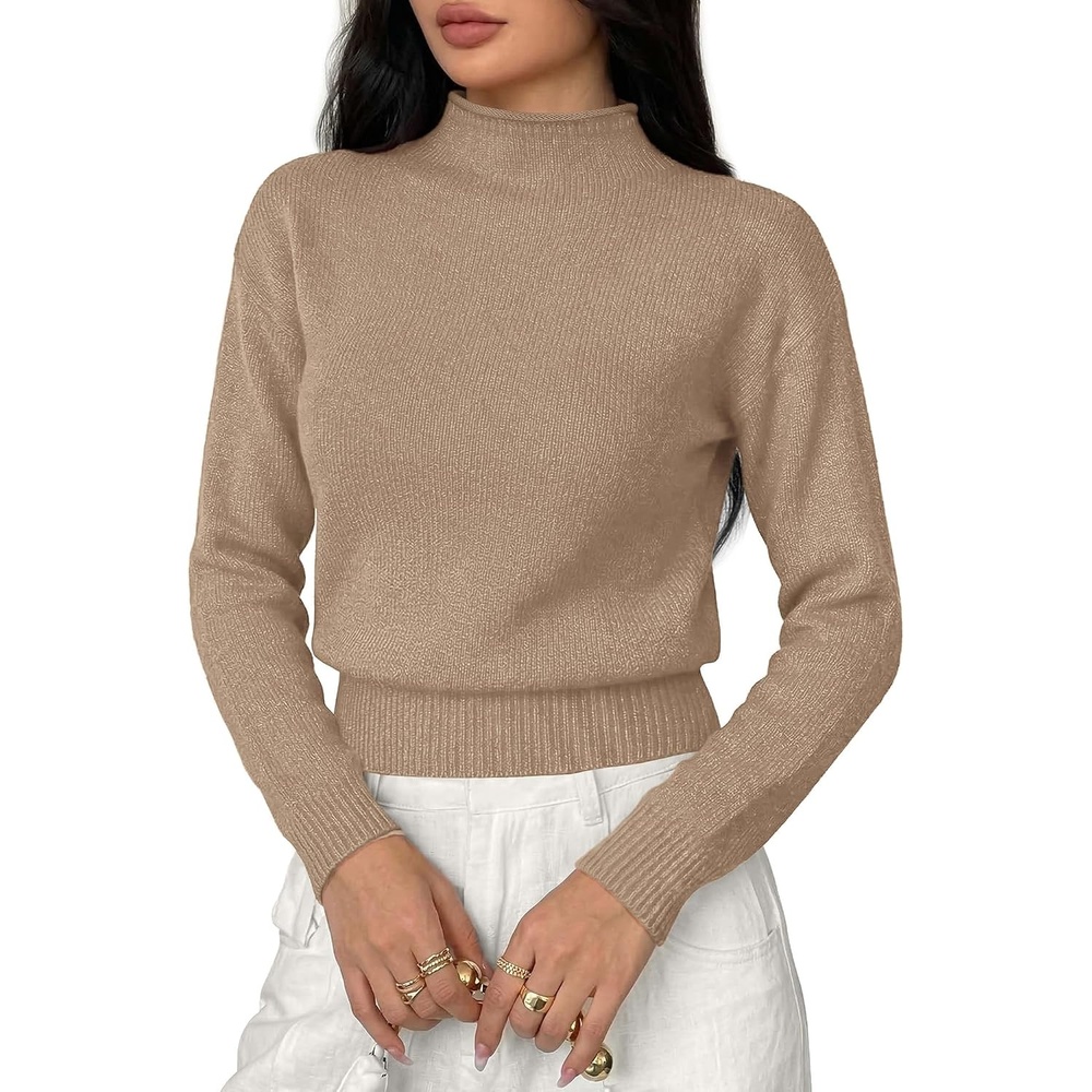 image:imageBTFBM Womens Long Sleeve Sweaters Mock Neck TopsKhaki