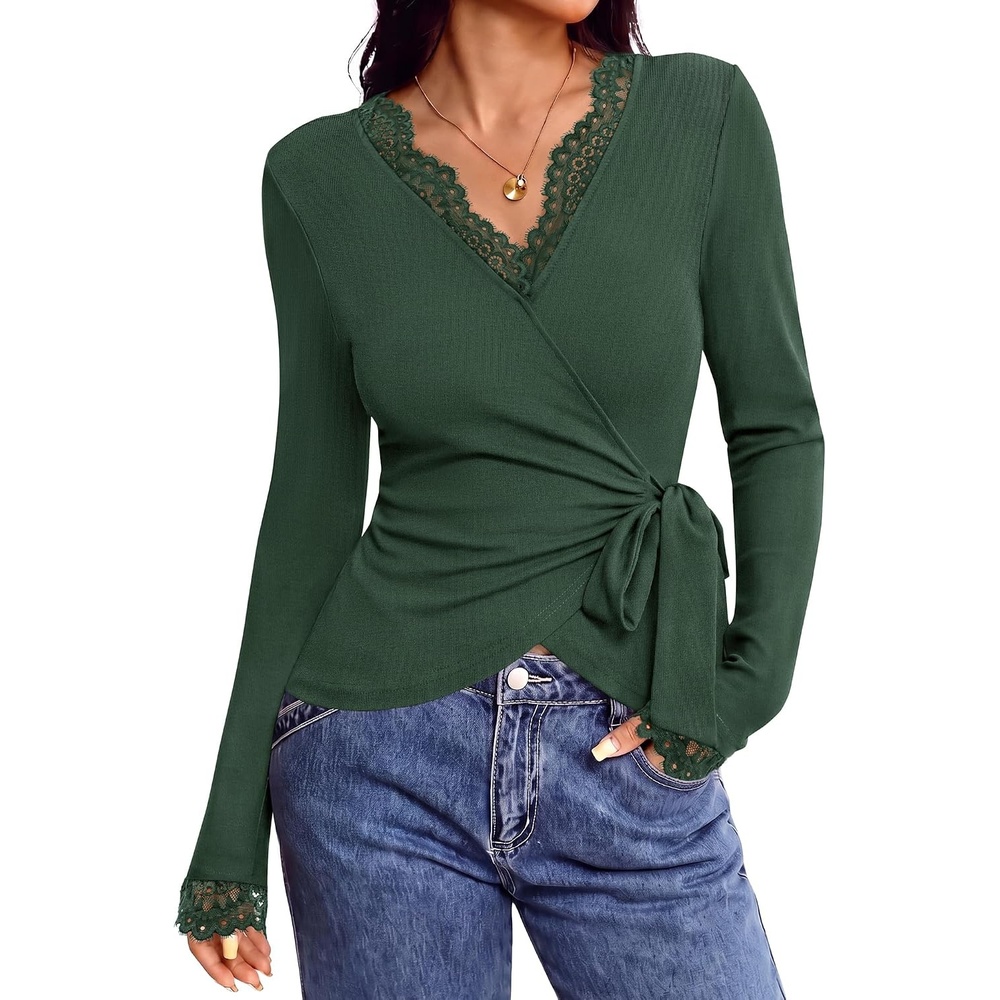 image:imageBTFBM Womens Sexy Wrap Top Lace Long Sleeve TopsArmy Green