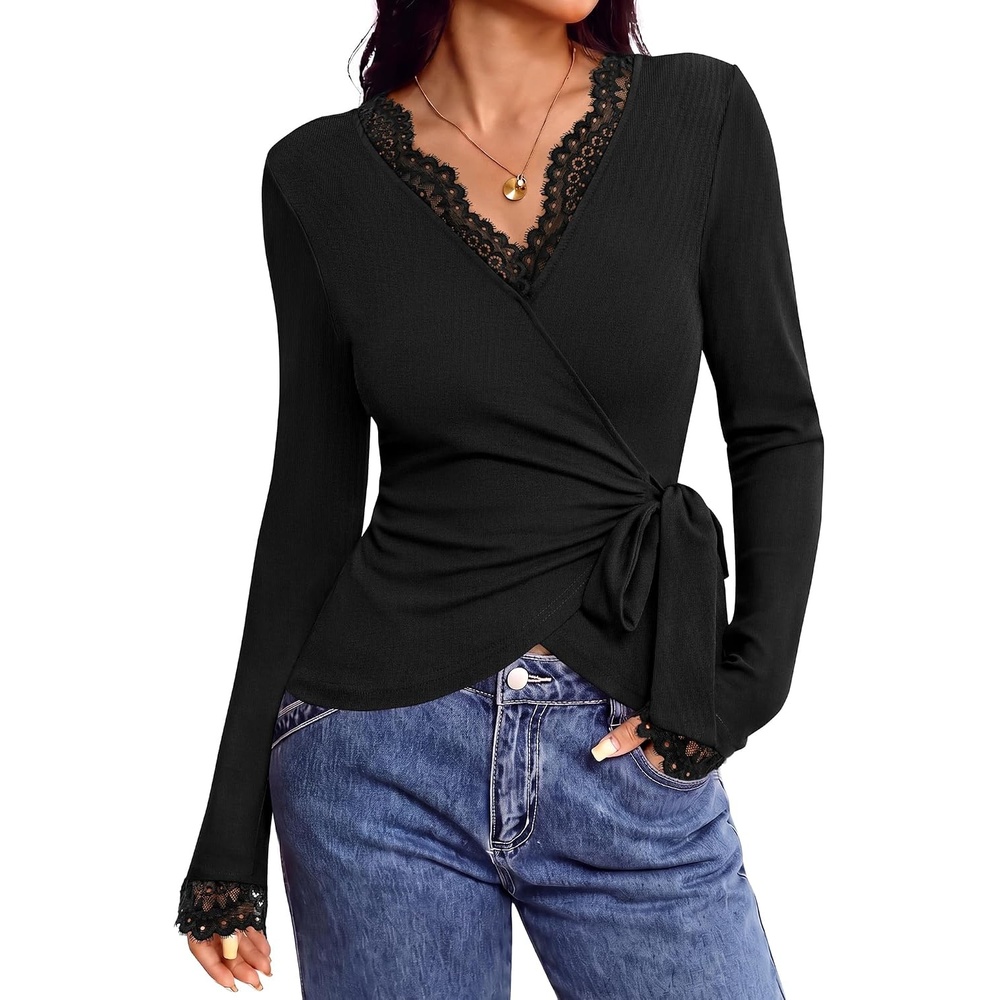 image:imageBTFBM Womens Sexy Wrap Top Lace Long Sleeve TopsBlack