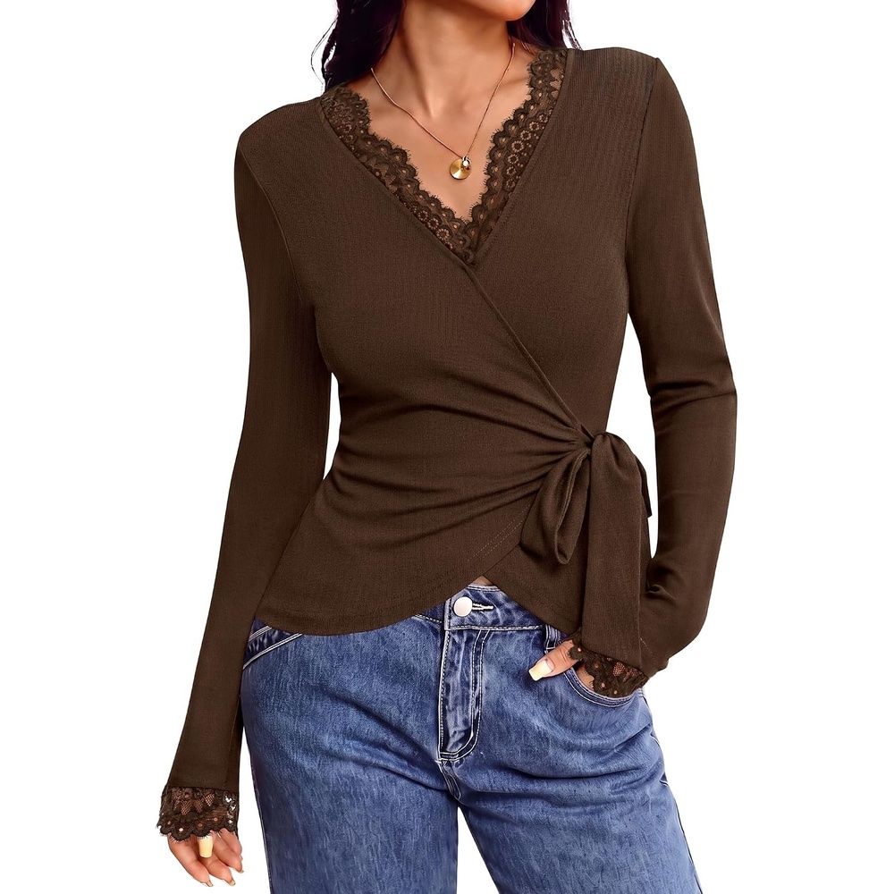image:imageBTFBM Womens Sexy Wrap Top Lace Long Sleeve TopsCoffee