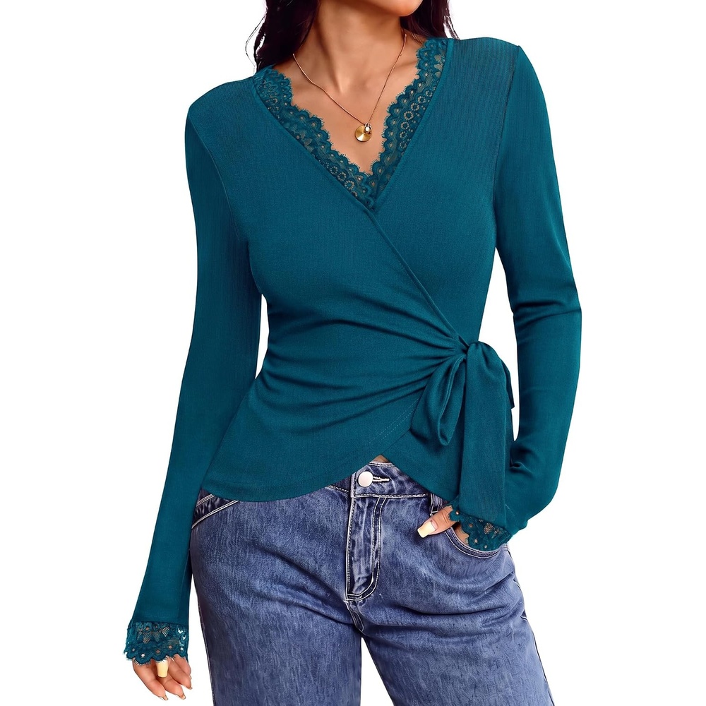 image:imageBTFBM Womens Sexy Wrap Top Lace Long Sleeve TopsLake Blue