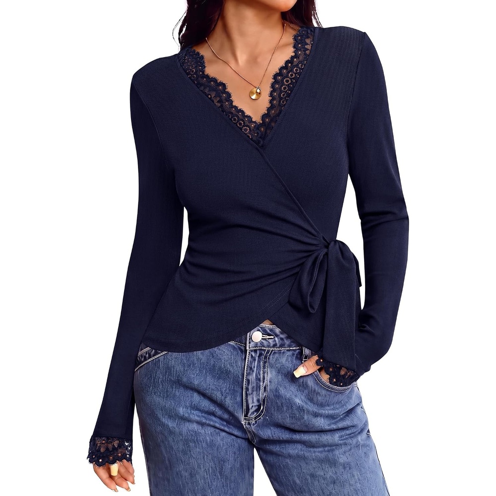 image:imageBTFBM Womens Sexy Wrap Top Lace Long Sleeve TopsNavy Blue